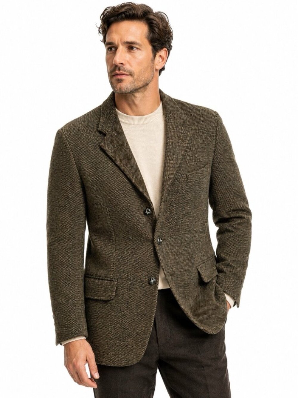 HARRIS TWEED vintage 80s blazer 46R hand woven wool brown olive 3 button